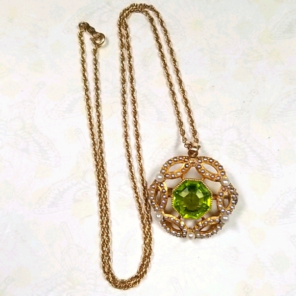 Vintage 14k Gold Cultured Pearl and Peridot Pendant Brooch Combo Necklace - Picture 16 of 16